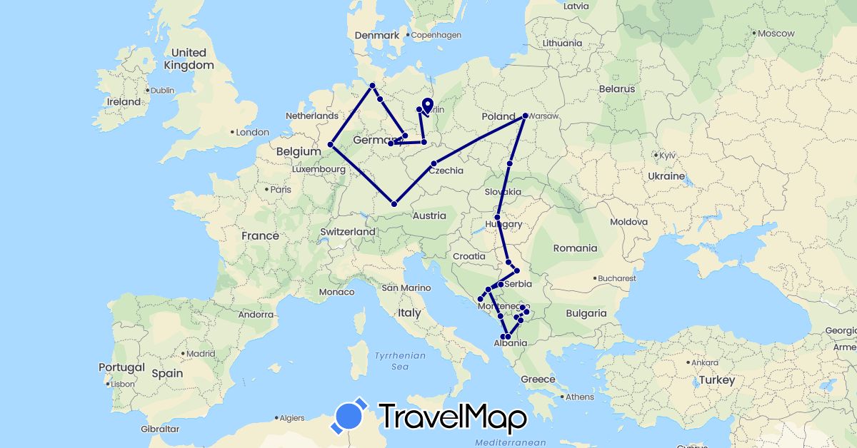 TravelMap itinerary: driving in Albania, Bosnia and Herzegovina, Czech Republic, Germany, Hungary, Montenegro, Poland, Serbia, Kosovo (Europe)